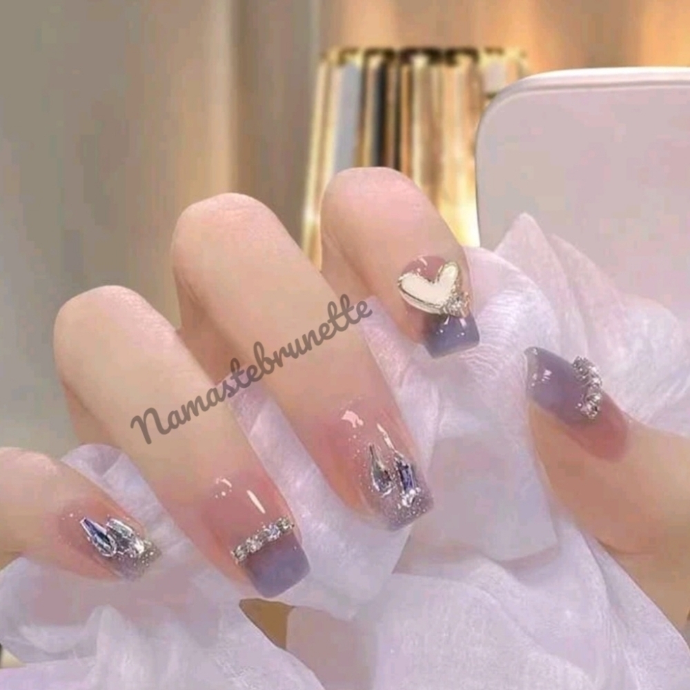 2/$16 Heart Rhinestone Purple Press On Nails